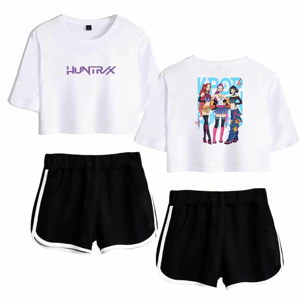HUNTRX logo crop top with graphic t-shirt and athletic shorts, casual streetwear style for everyday outfits.