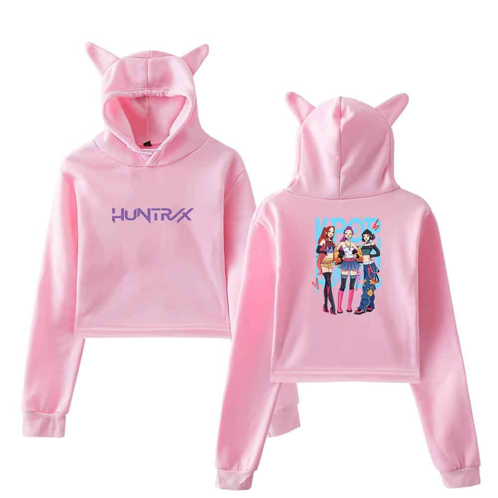 Hoodie with cat ears and bright pink pastel color, featuring stylish graphic prints on front and back. Comfortable, trendy, affordable statement clothing for casual or streetwear fashion.