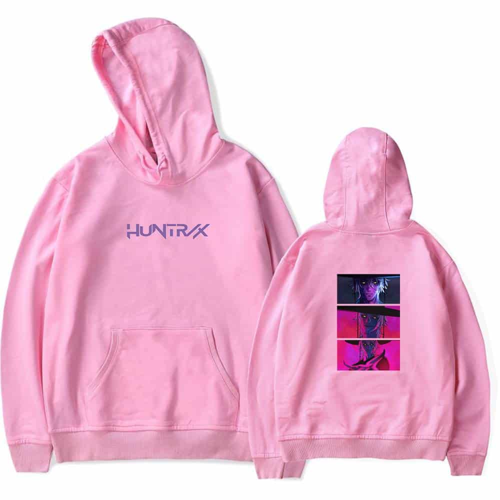 Hoodie with "HUNTRX" logo and vibrant anime-inspired graphic on the back in pink color.