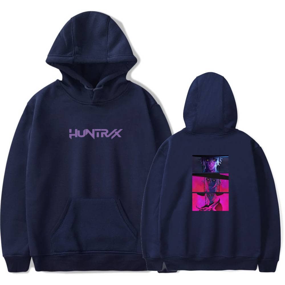 Hoodie with futuristic "HUNTRIX" logo in purple and digital artwork on the back, perfect for stylish, affordable streetwear.