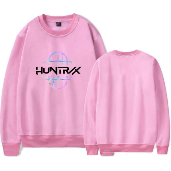 Holographic globe logo "HUNTRX" printed on pink casual sweatshirt.