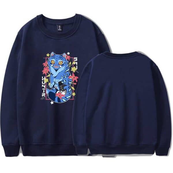 Blue sweatshirt with colorful tiger graphic and Japanese text, casual streetwear style.