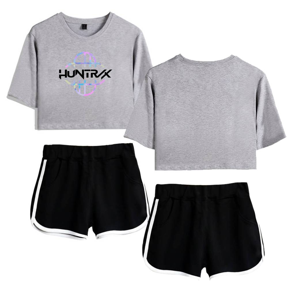 Hoodie and shorts set with trendy "HUNTRX" graphic, casual and affordable streetwear style, perfect for a cool, laid-back look.