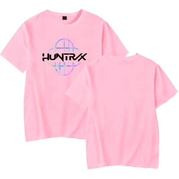 Huntrex pink graphic t-shirt with holographic logo, casual and affordable streetwear fashion.