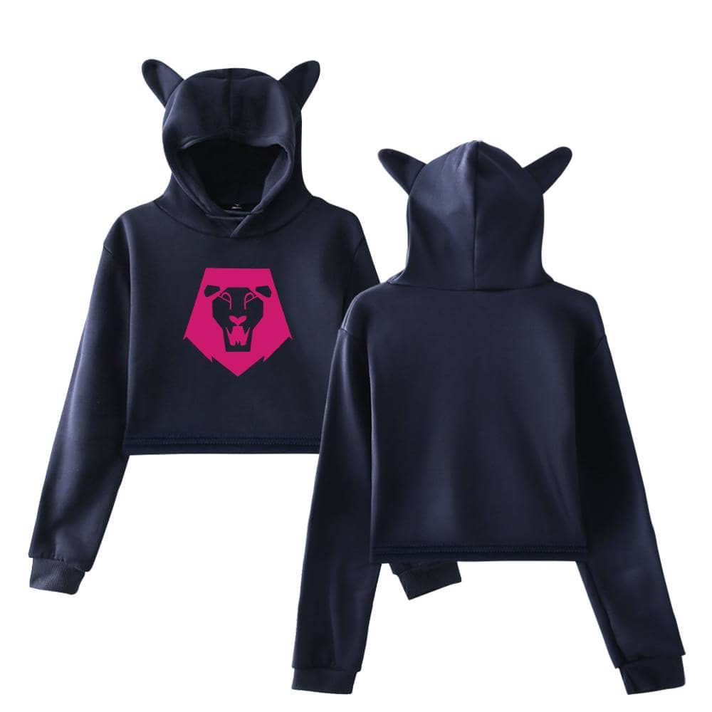 Hoodie with lion graphic and cat ears, trendy streetwear for teens.