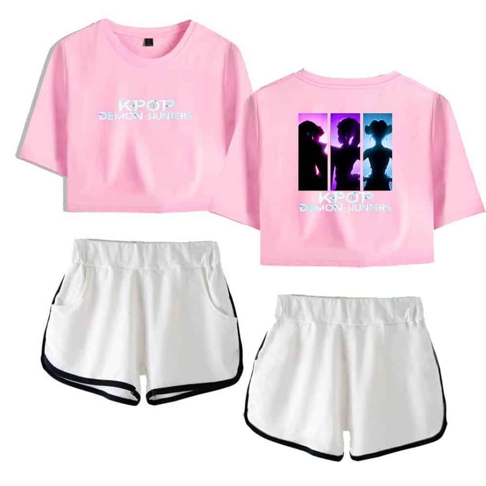 Kpop Demon Hunters pink crop top and white shorts set, trendy and affordable casual apparel, perfect for fans of Kpop and streetwear fashion.