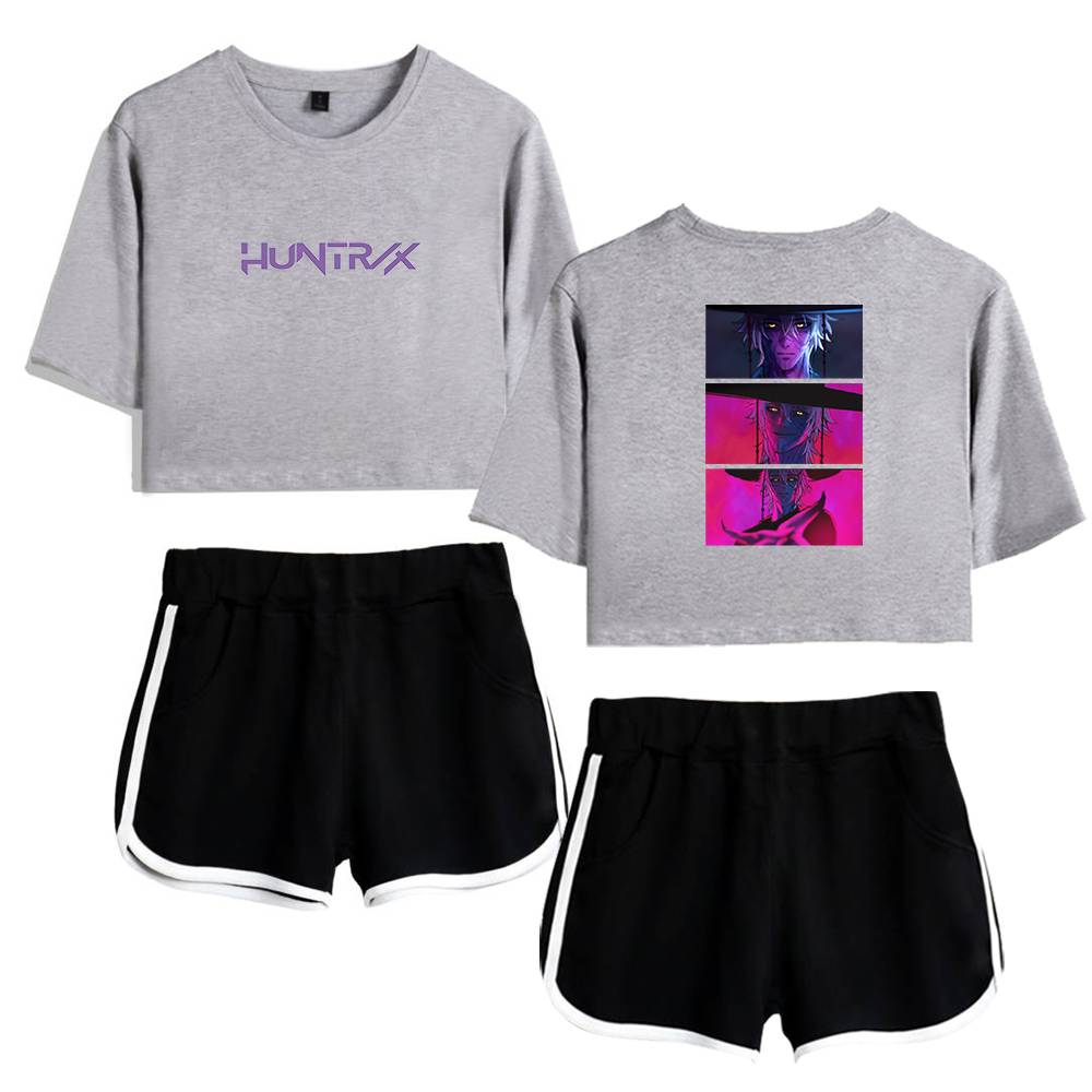 Hoodie with "HUNTRX" logo and cropped graphic T-shirt, paired with black athletic shorts with white trim. Trendy, affordable streetwear perfect for casual and athletic looks.