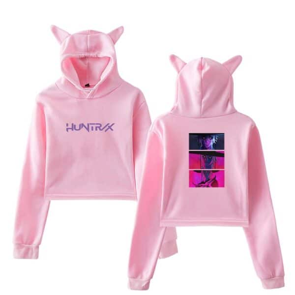 Hoodie with cat ears in pastel pink, featuring graphic designs on front and back, perfect for a trendy, casual look.