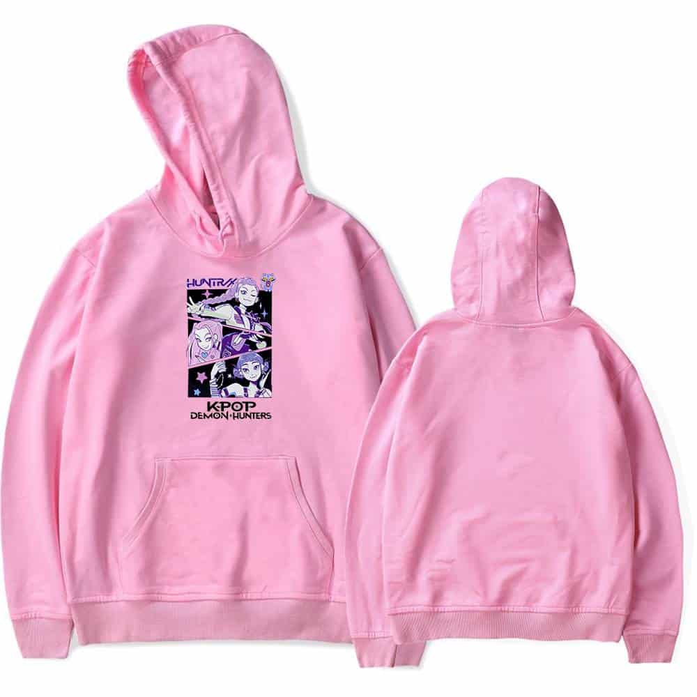 Pink hoodie with anime-kpop-inspired graphic print, casual streetwear style, designed for affordable yet stylish fashion statements, perfect for fans of bold and trendy clothing.