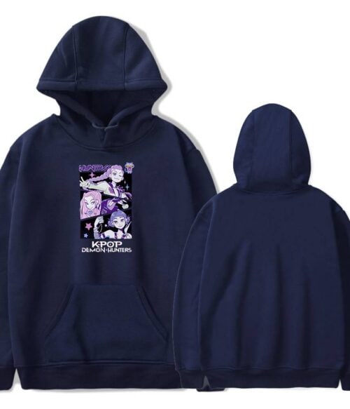 Hoodie with K-pop demon hunters graphic design in purple and black, casual streetwear style, affordable and trendy.