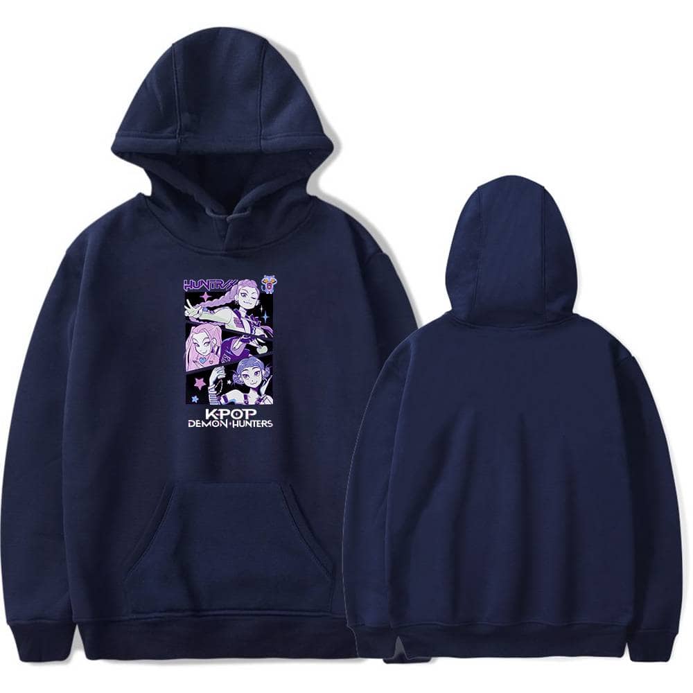 Hoodie with K-pop demon hunters graphic design in purple and black, casual streetwear style, affordable and trendy.