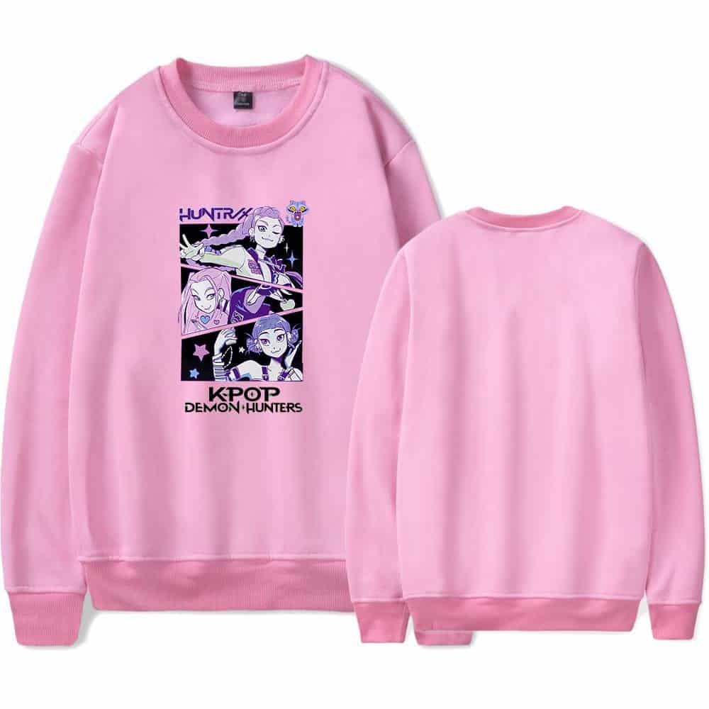 Hunting Demon Hunters anime graphic sweatshirt in pink, featuring stylish characters from the popular K-pop themed series. Perfect for casual cool fashion statements even on a budget.