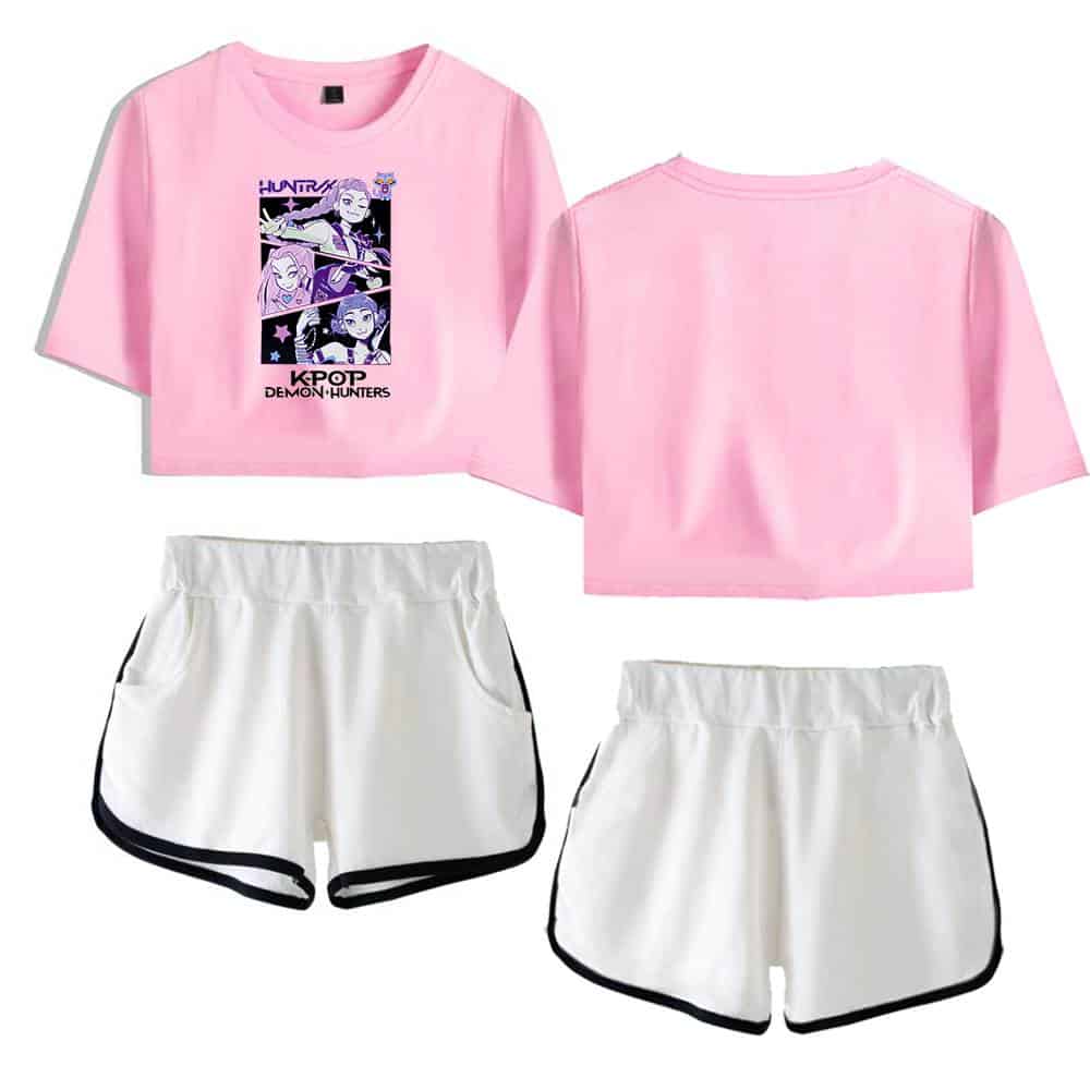 Pink cropped graphic t-shirt with anime design, casual trendy streetwear for women.