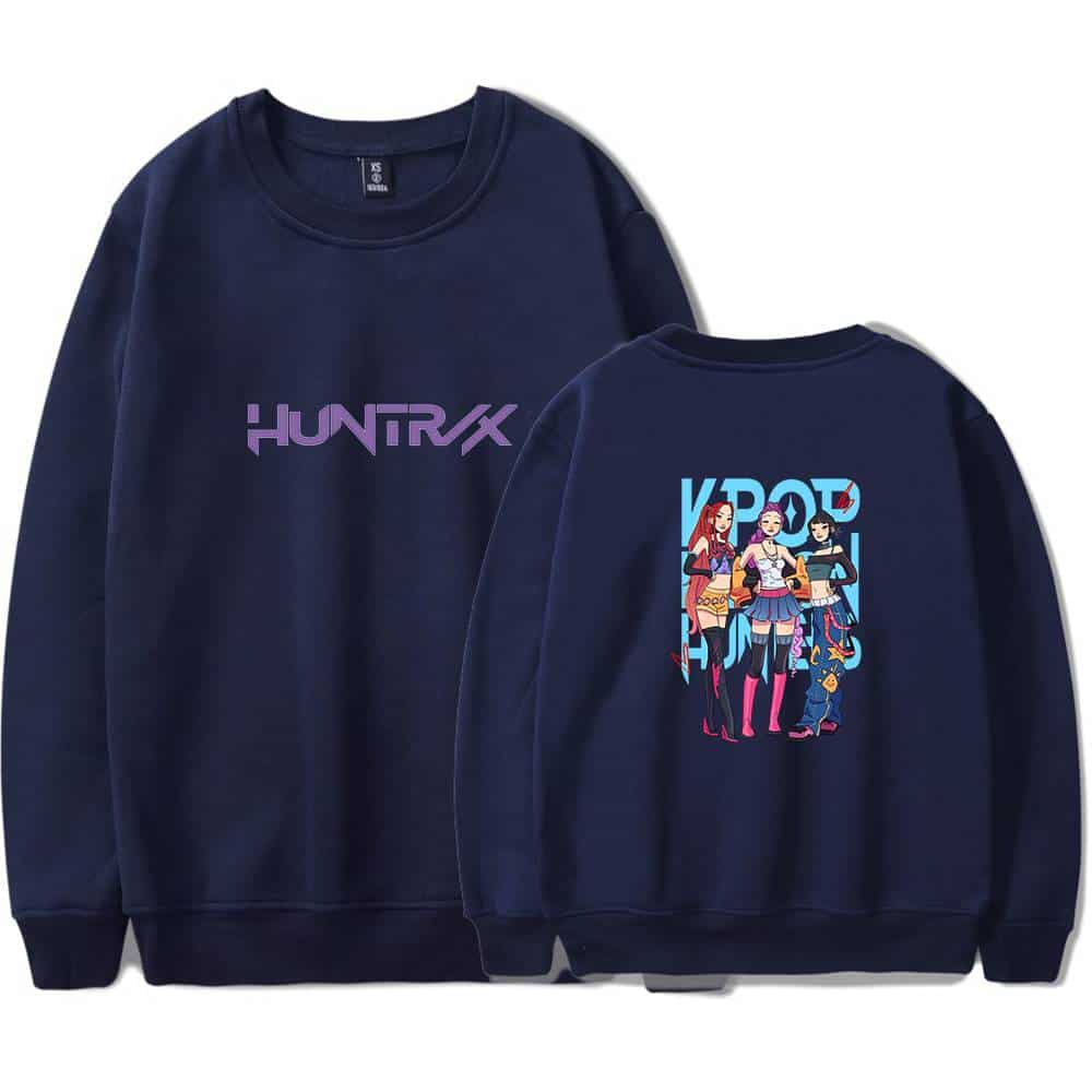 Hoodie with "HUNTRX" logo in purple and cartoon girl design on the back, perfect for casual, affordable, and stylish streetwear.