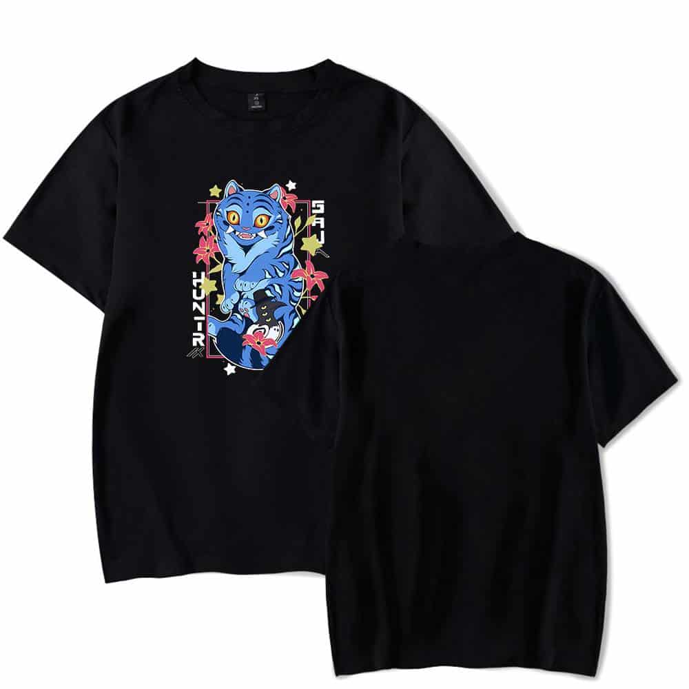 Blue cartoon tiger on black statement t-shirt, trendy and affordable streetwear, perfect for a cool casual look.