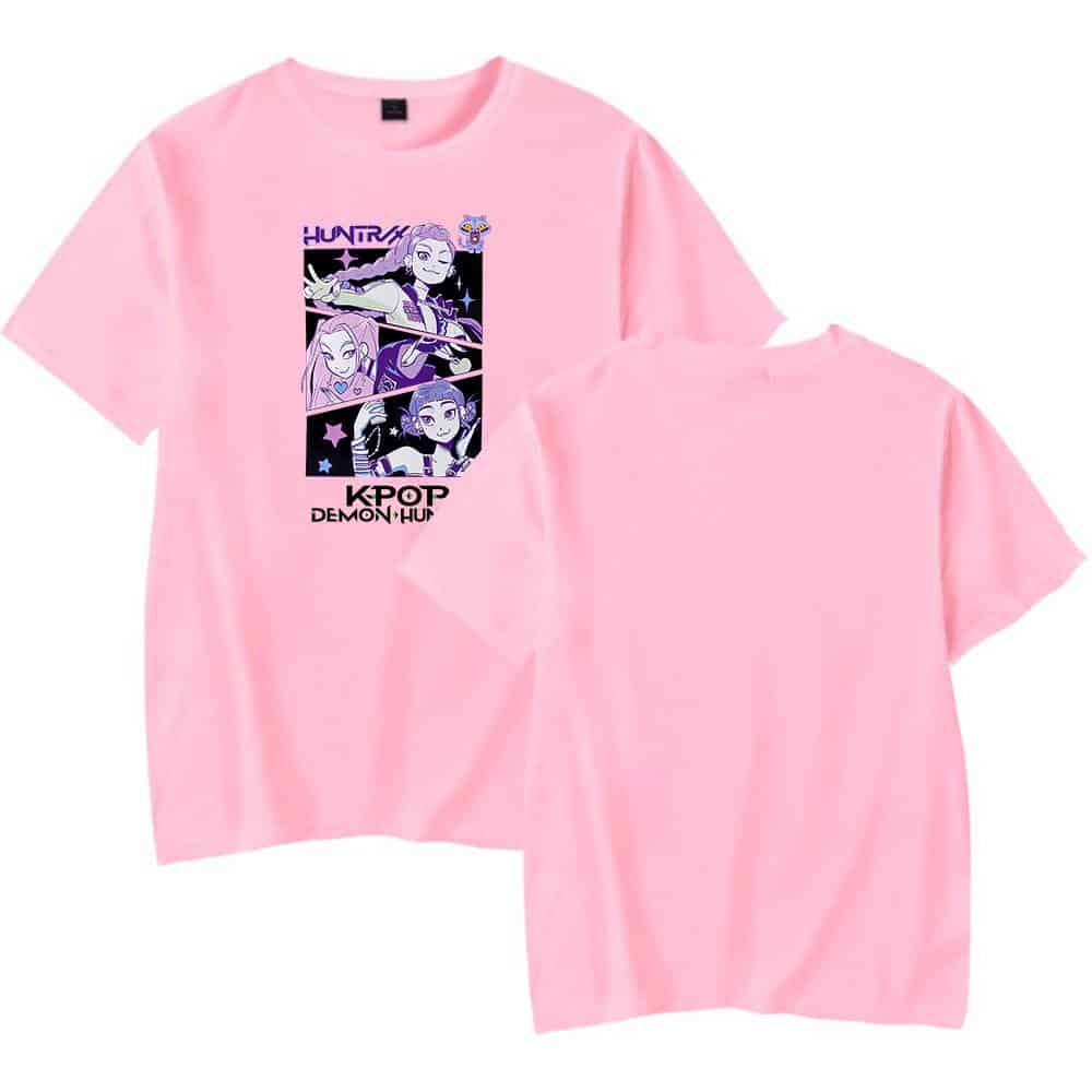Pink anime Kpop graphic t-shirt with fun colorful design and characters, affordable trendy casual wear for youth, stylish and cool statement clothing for everyday fashion.