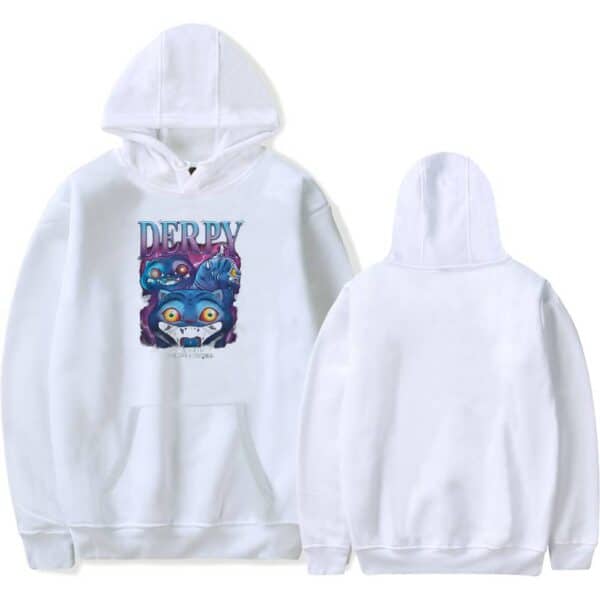 Cute white hoodie featuring colorful "Derpy" cartoon character graphics, perfect for a cool, casual look. Affordable and stylish statement clothing for fans of fun, trendy streetwear.
