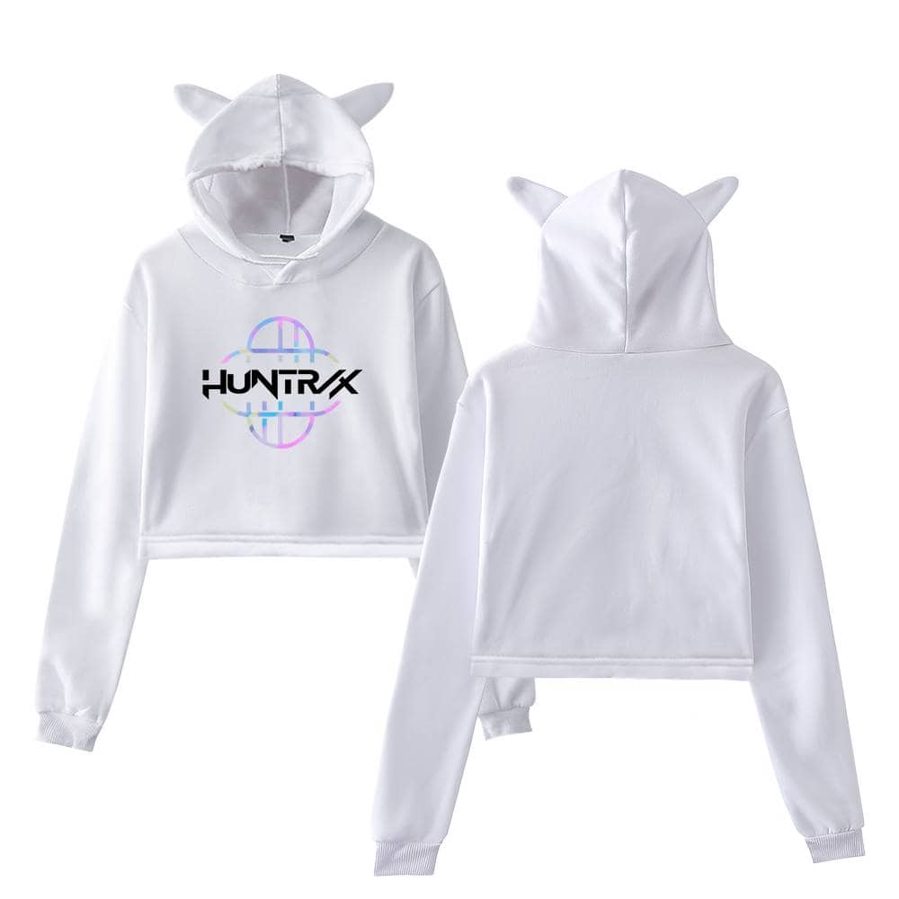 White hoodie and sweatpants set with playful animal ears and holographic logo, perfect for casual streetwear and making a bold fashion statement.