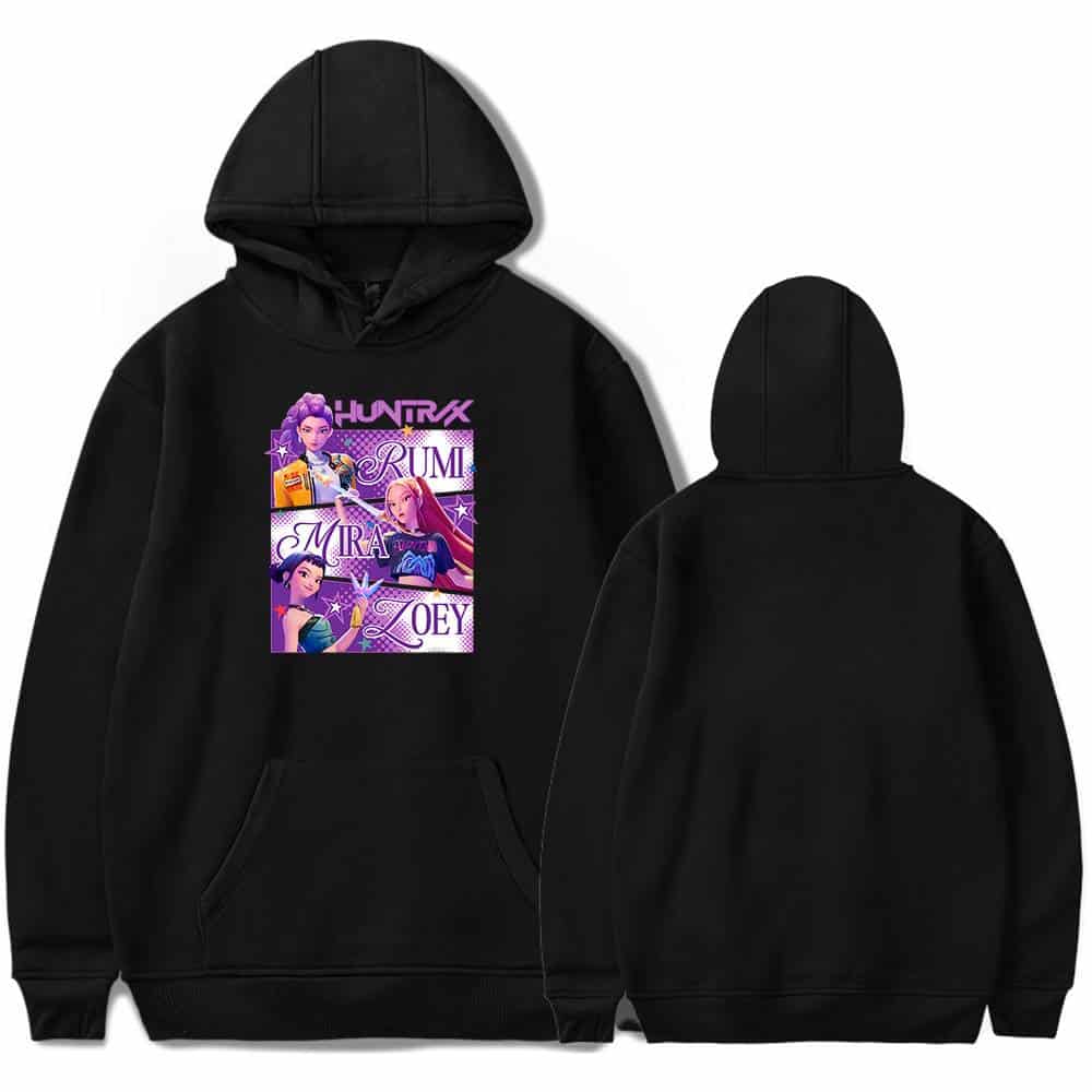 Hoodie with colorful holographic K-pop girl group print, featuring characters from HUNTRX RUMI MIRAI ZOEY, perfect for streetwear or casual wear.