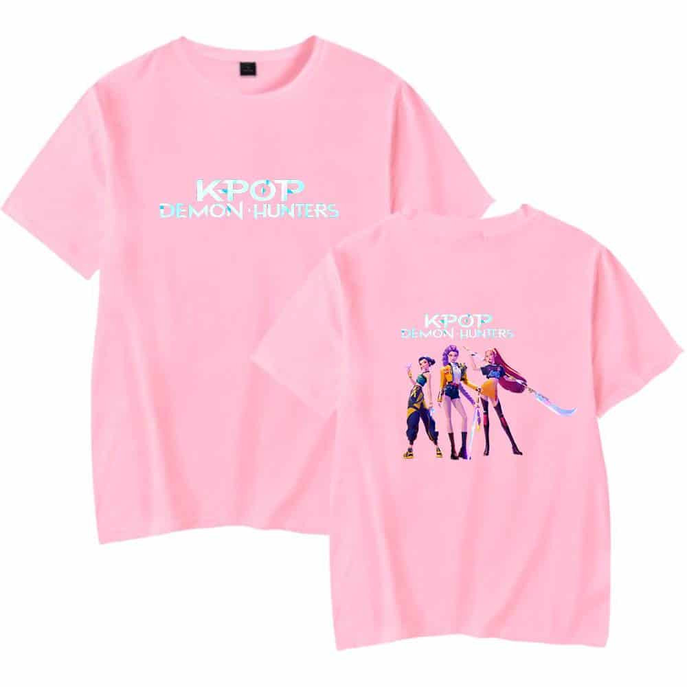 K-pop demon hunters graphic T-shirt in pink, affordable and trendy casual streetwear for fans of K-pop and anime-inspired fashion.