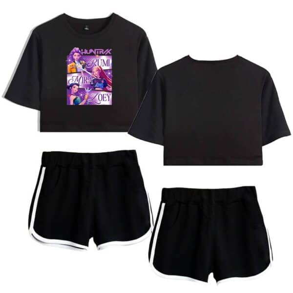 Black crop top and shorts set with colorful graphic design featuring cartoon characters.