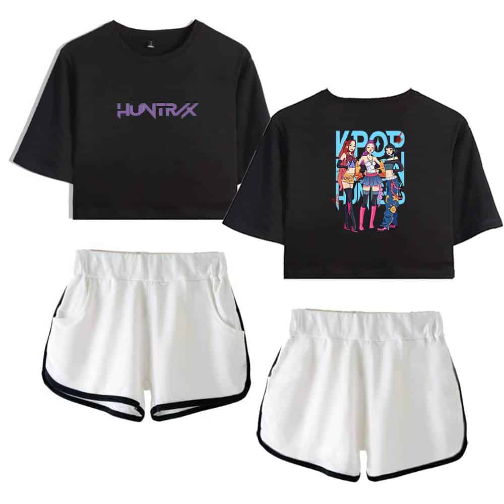 Huntrx black crop top with purple logo, and K/DA girl graphic t-shirt, white athletic shorts with black trim, stylish casual streetwear, affordable trendy clothing, comfortable and eye-catching fashion for everyday wear.