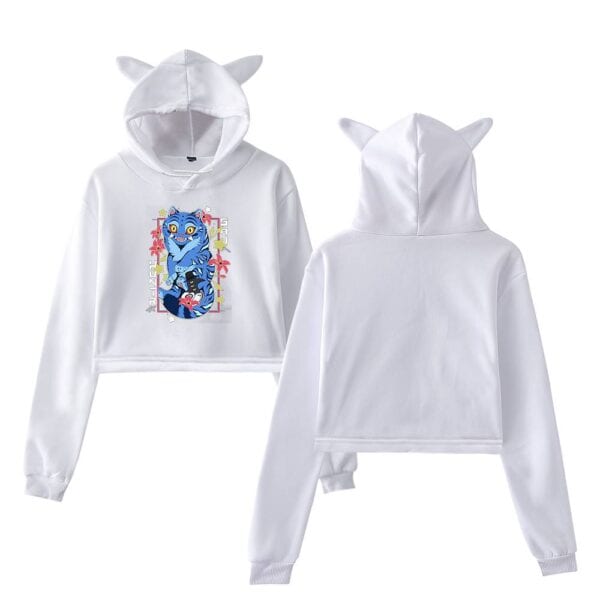 White hoodie and sweatpants set with cute animal ears, featuring a vibrant cartoon tiger design on the front, perfect for casual cool streetwear style.