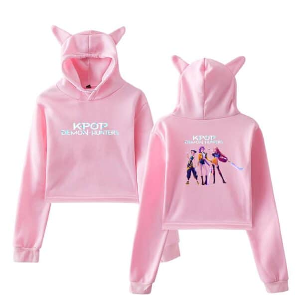 KPOT Demon Hunters pink hoodie with cute animal ear hood, affordable and trendy statement clothing for fans of K-pop and anime-inspired fashion.