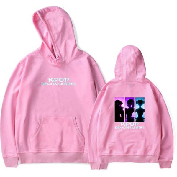 KPOP Demon Hunters pink hoodie with graphic silhouette design, perfect for stylish fans.