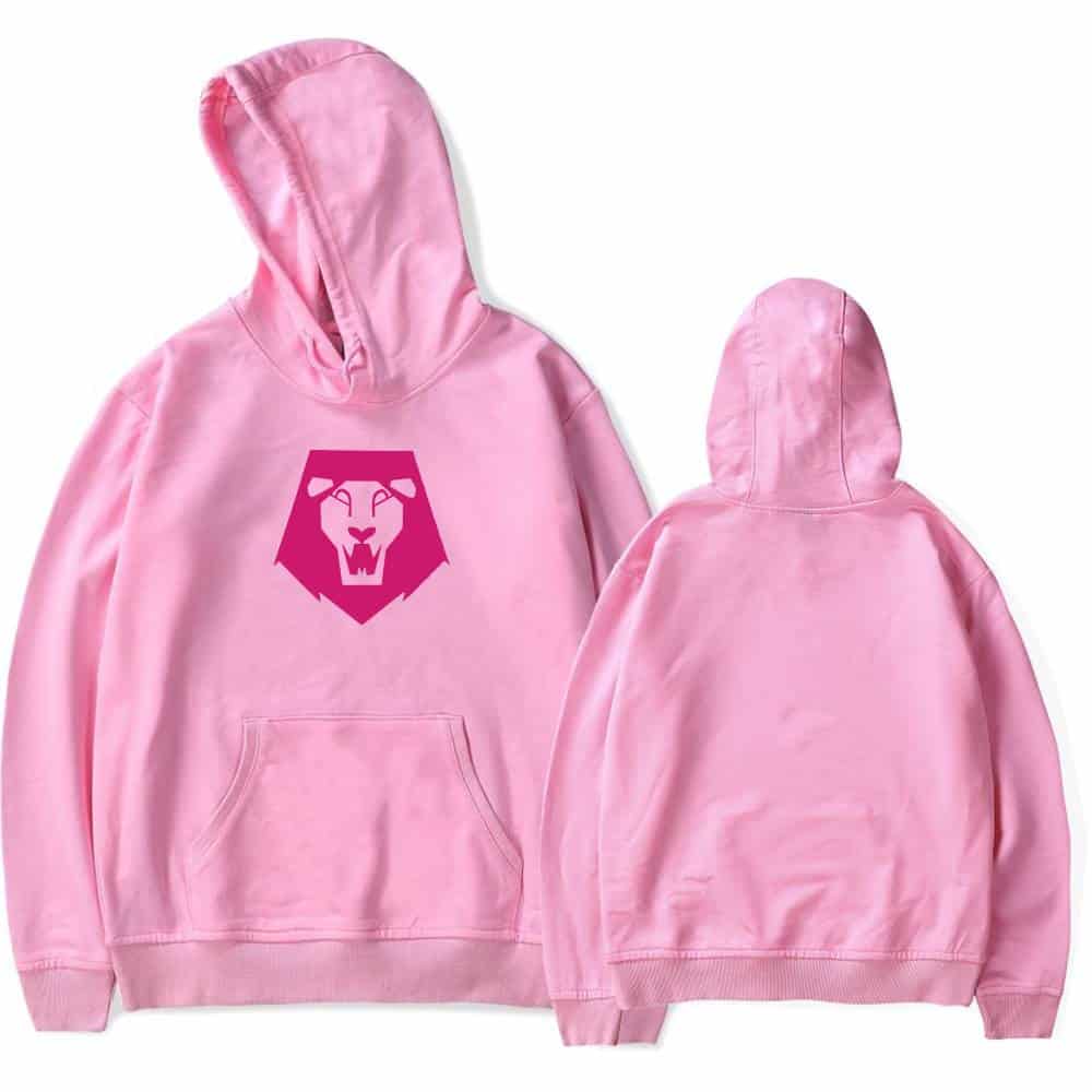 Pink hoodie with lion graphic casual statement sweatshirt cool trendy streetwear.