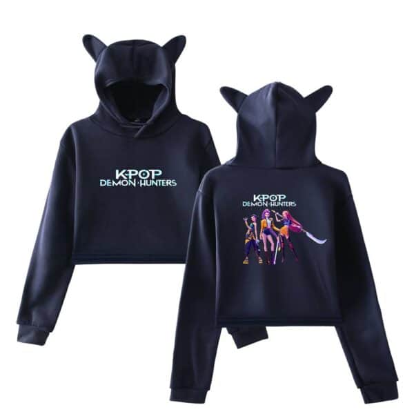 Kpop Demon Hunters hoodie black with cartoon graphic, cat-ear hood design, streetwear style, affordable trendy clothing, cool statement apparel for fans.