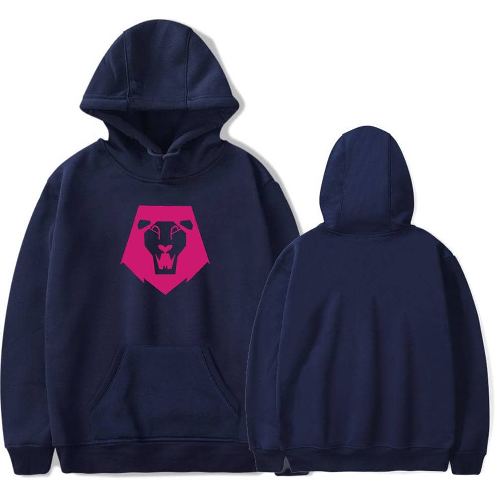 Front view of navy blue hoodie with a pink lion graphic on the chest, showing casual and trendy streetwear style.