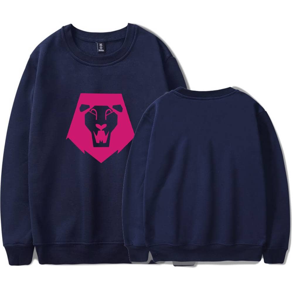 Sweatshirt with bold lion graphic in pink on a navy blue background.