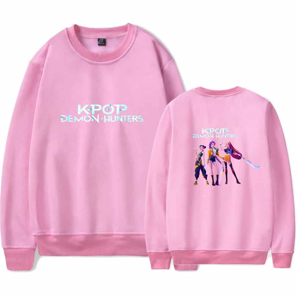 K-pop Demon Hunters pink sweatshirt with cartoon character print, casual cool statement clothes, affordable trendy streetwear.