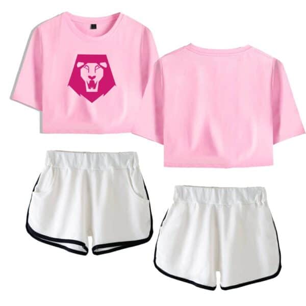 Pink lion graphic crop top t-shirt, white athletic shorts with black trim, trendy casual sporty outfit for women, affordable and stylish statement clothing, perfect for a cool laid-back look.