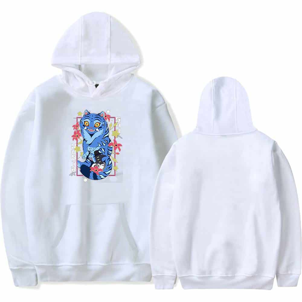 Bright white hoodie featuring a colorful, trendy graphic design of a playful, stylish cartoon tiger, perfect for streetwear fashion. Affordable, cool statement clothing for casual everyday wear.