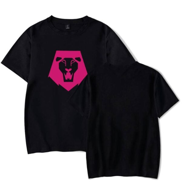 Black t-shirt with bold pink lion graphic, casual and stylish for streetwear, affordable prices for trendy statement clothing, perfect for making a cool statement on a budget, versatile and comfortable outfit choice.
