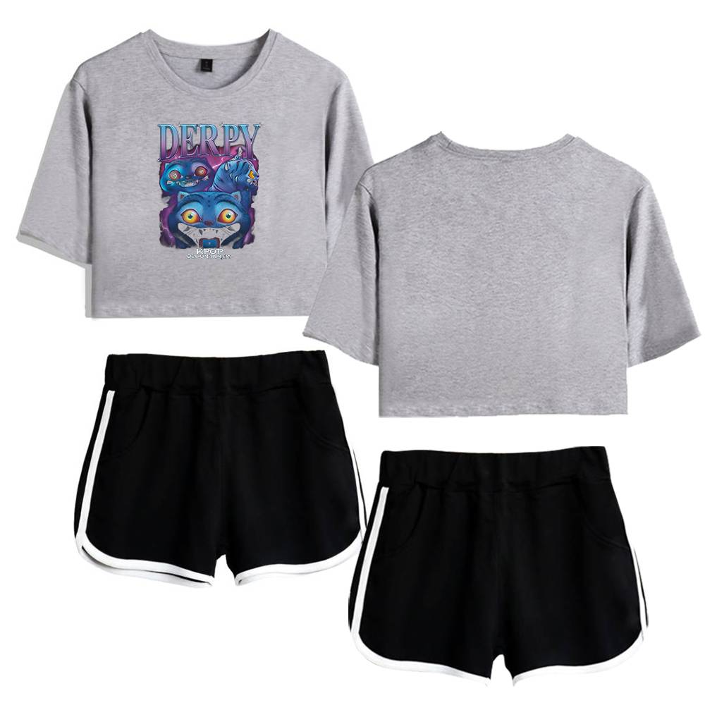 Derpy cartoon graphic cropped sweatshirt and black shorts, casual streetwear fashion, trendy sporty outfit for comfortable and stylish everyday wear.