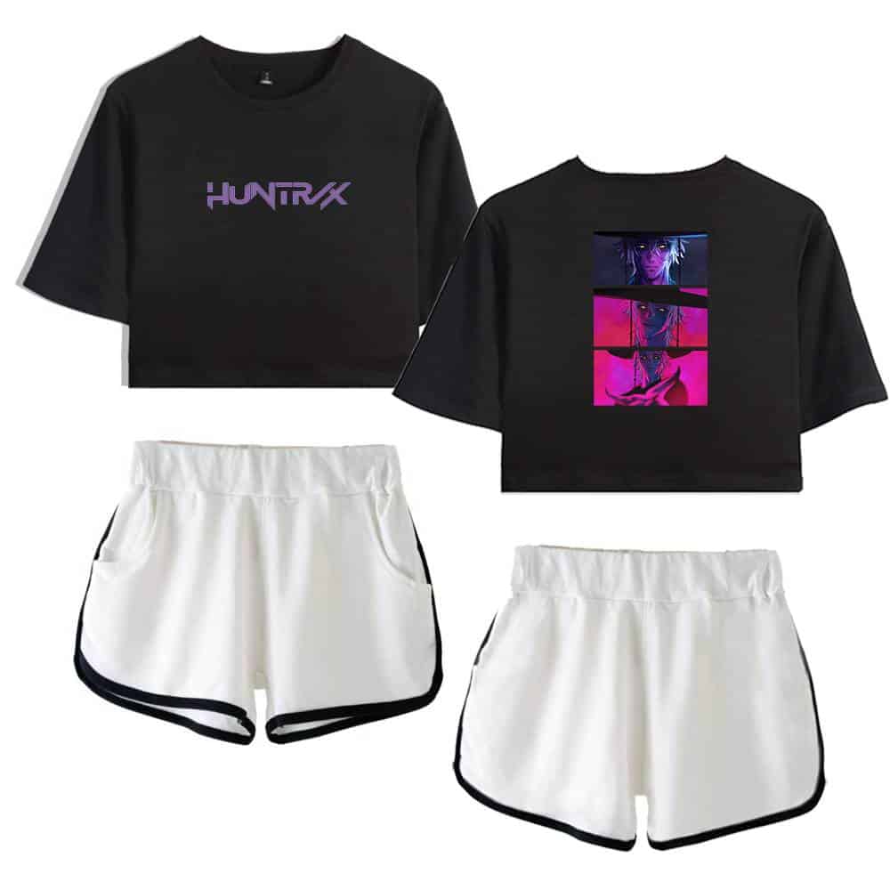 HYPERX black cropped t-shirt with purple text and graphic print on the back, paired with white athletic shorts featuring black trim for a casual, cool, and affordable streetwear look.