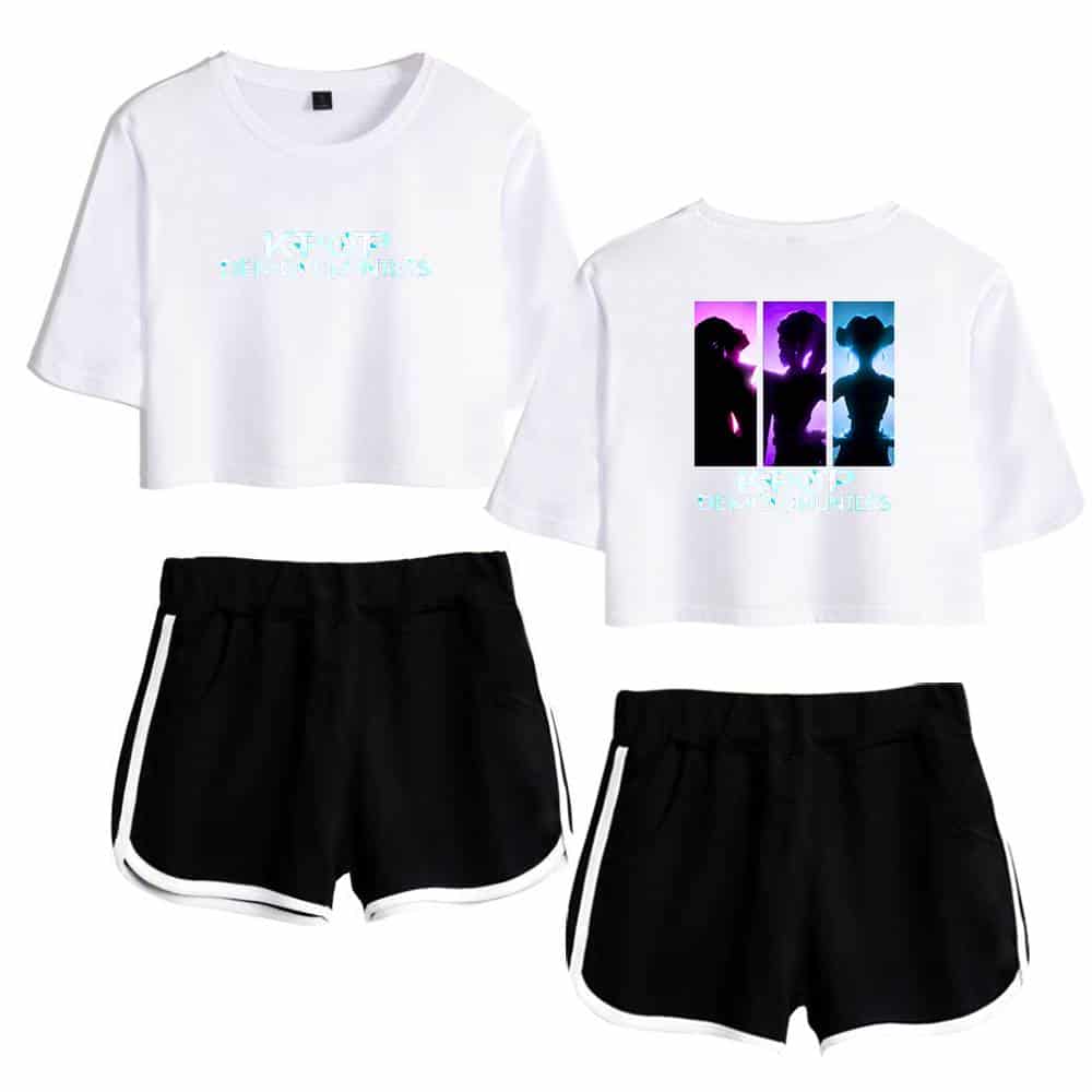 White cropped t-shirts with colorful graphic prints on the front and back, paired with black athletic shorts with white trim, perfect for streetwear fashion and casual, cool statement outfits, affordable prices.