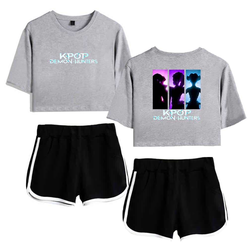 K-pop demon hunters graphic cropped t-shirts with casual sporty shorts, stylish and affordable fashion for trendy streetwear looks.