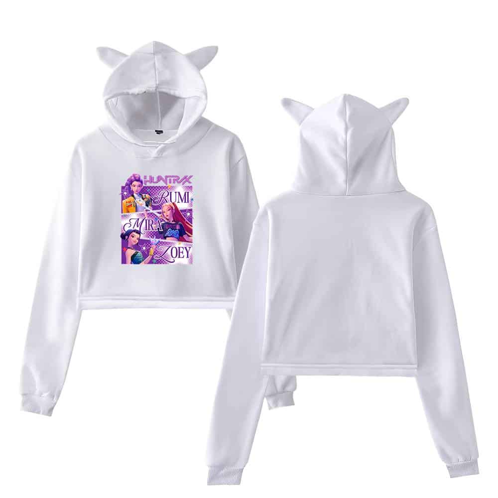 White hoodie and sweatpants set with cute animal ears and graphic print featuring animated characters.