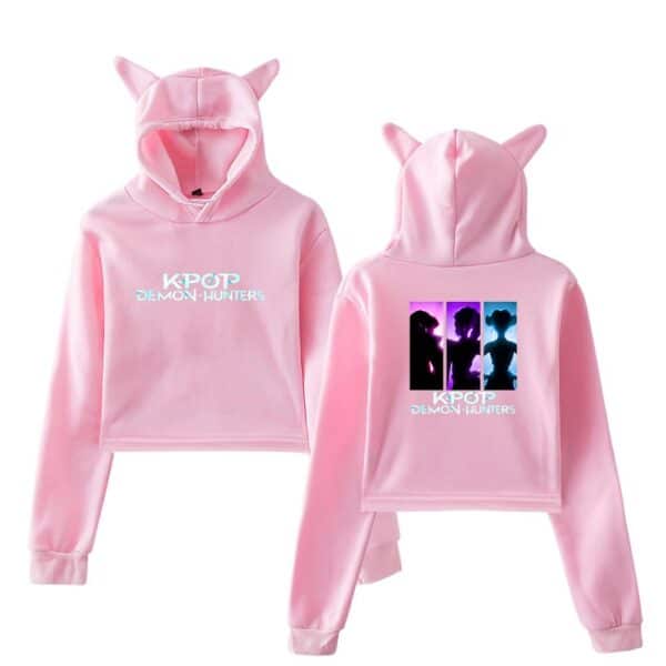 KPOT DEMON HUNTERS pink hoodie with playful cat ears design, perfect for trendy, affordable streetwear enthusiasts.