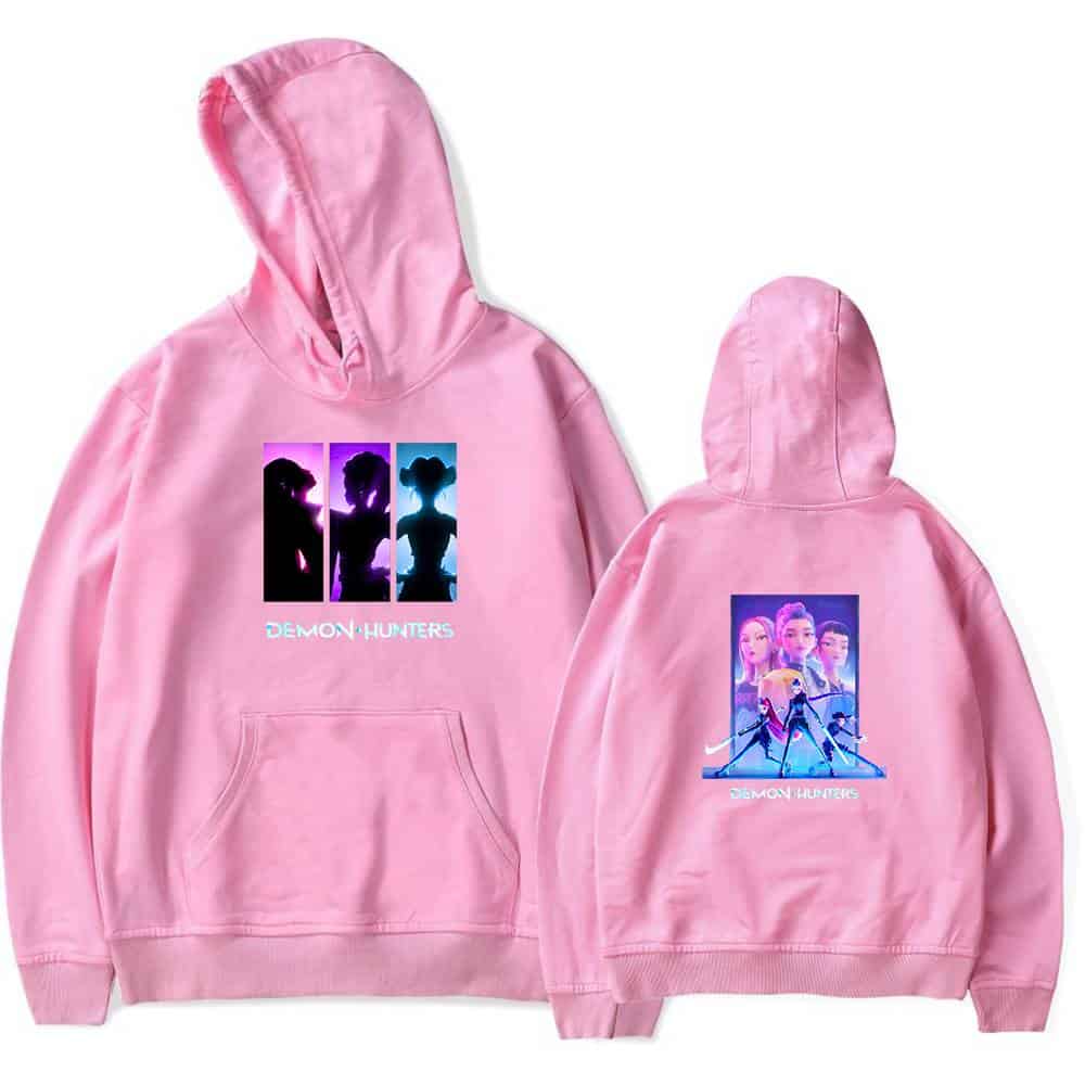 Demon hunters pink hoodie with vibrant graphic print, trendy and affordable, perfect for casual wear or cosplay, featuring stylish silhouettes and colorful characters, ideal for fans of anime and gaming culture.