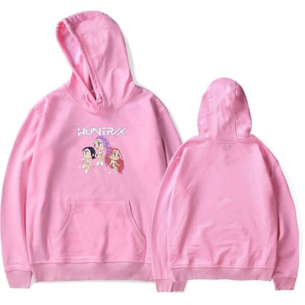 Hooded sweatshirt with fun anime-inspired design and bold "HUNTRX" logo in pink and purple tones, perfect for casual, cool, and affordable streetwear style.