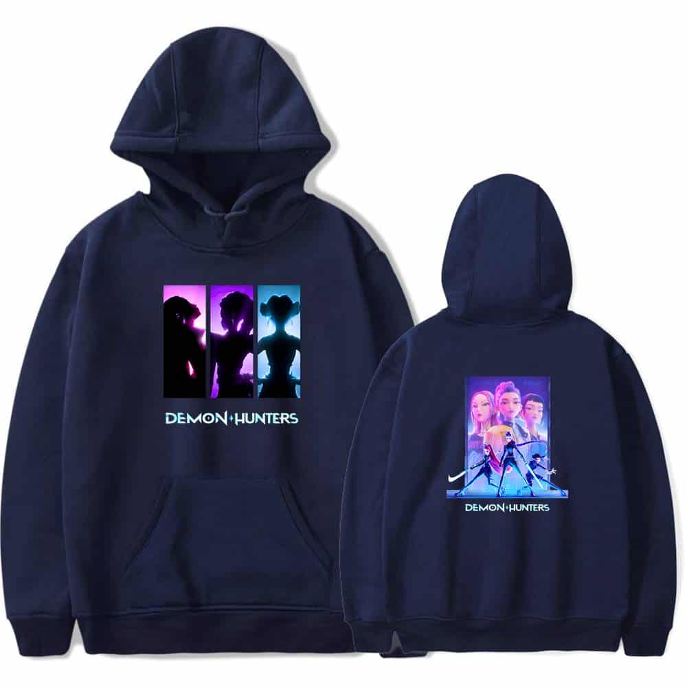 Demon hunters hoodie with colorful animated graphic design, trendy and cheap streetwear style, perfect for casual and cool statement outfits, youth fashion statement clothing.