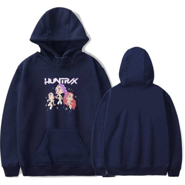 Hoodie with cute cartoon characters and the text "HUNTRX" in a playful style, ideal for casual streetwear.