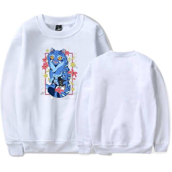 Blue cartoon tiger graphic print sweatshirt, casual streetwear style, oversized fit, fun colorful design, perfect for trendy and affordable fashion.