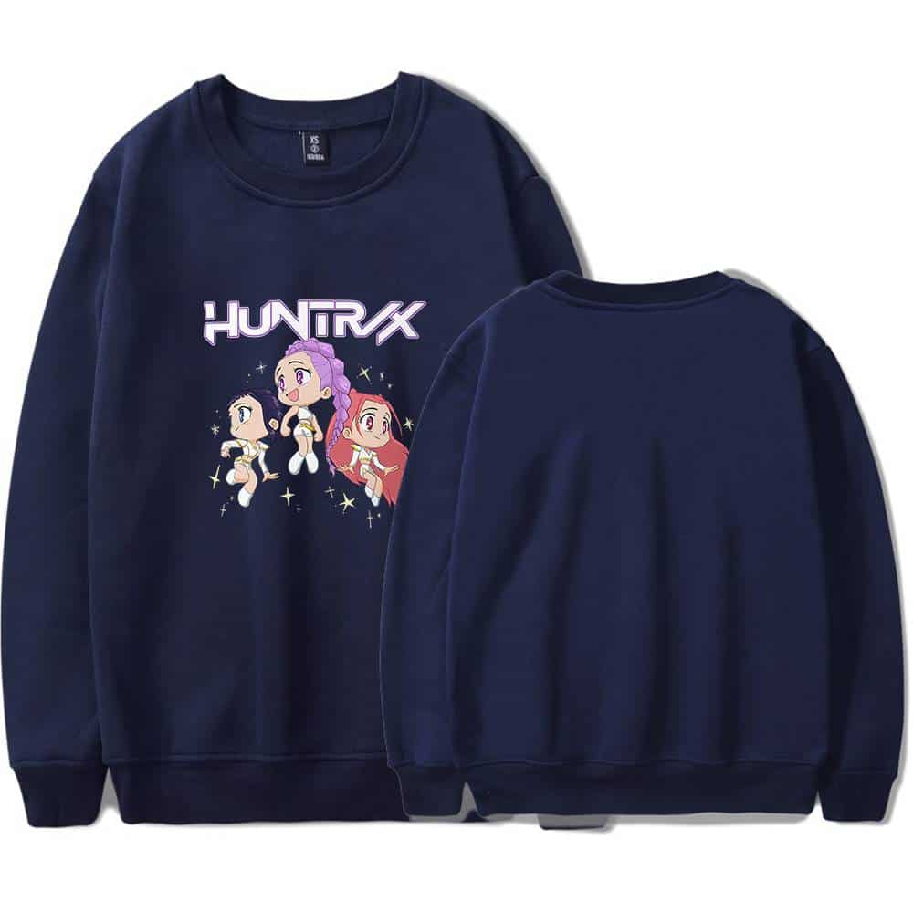 Huntax cartoon graphic sweatshirt in navy blue with cute character design, perfect for casual cool statement outfits, affordable and stylish.