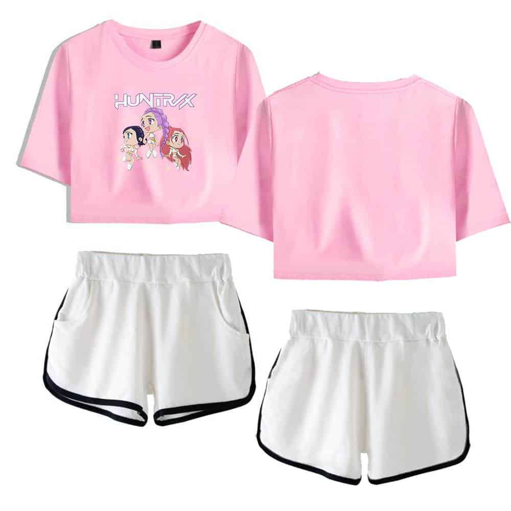Hungerx cartoon graphic pink crop top with white athletic shorts for a casual, trendy look. Perfect for comfortable, affordable streetwear styles.